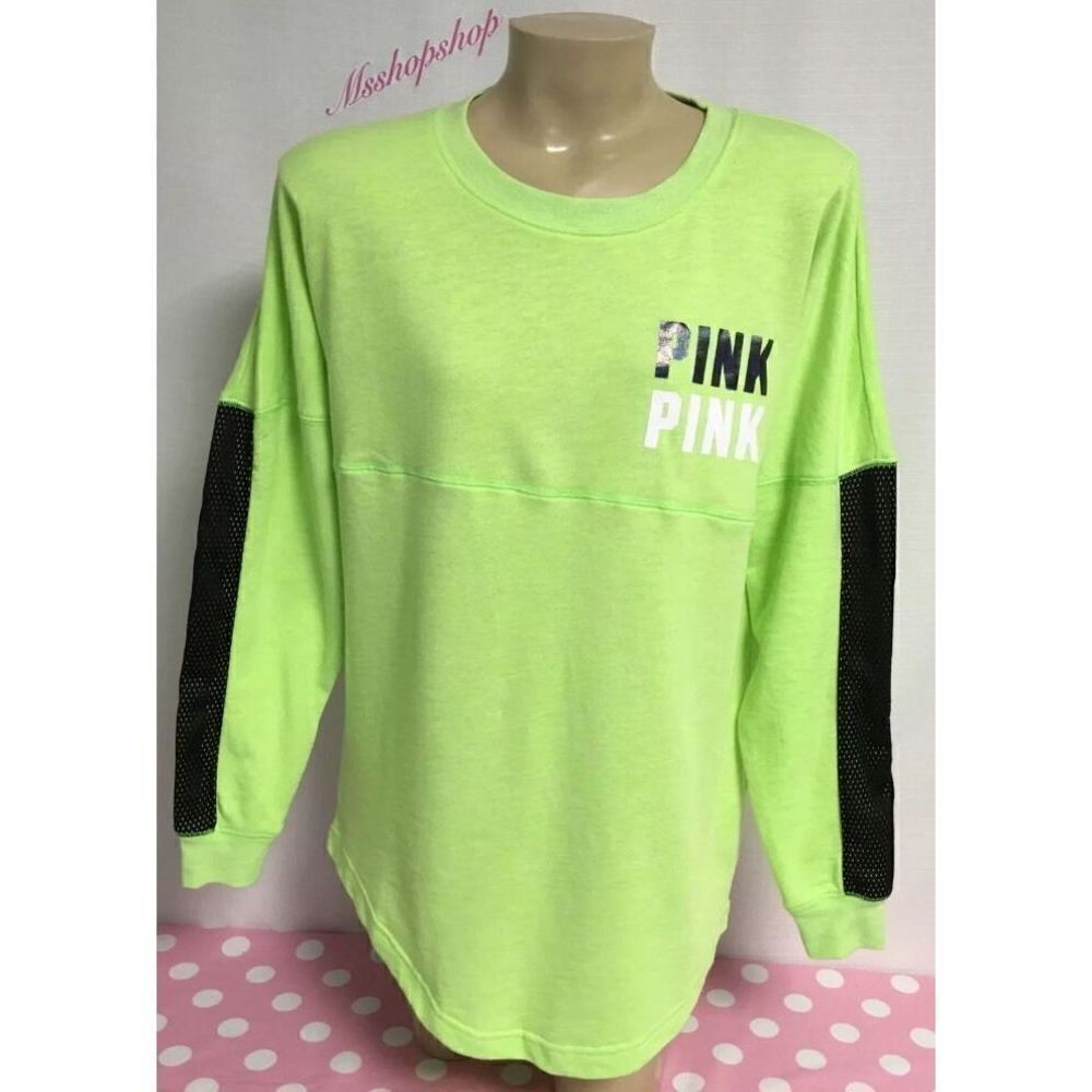 NWT XS Victoria's Secret PINK Neon Green Black Mesh Varsity Crew Sweatshirt Top - Picture 4 of 12